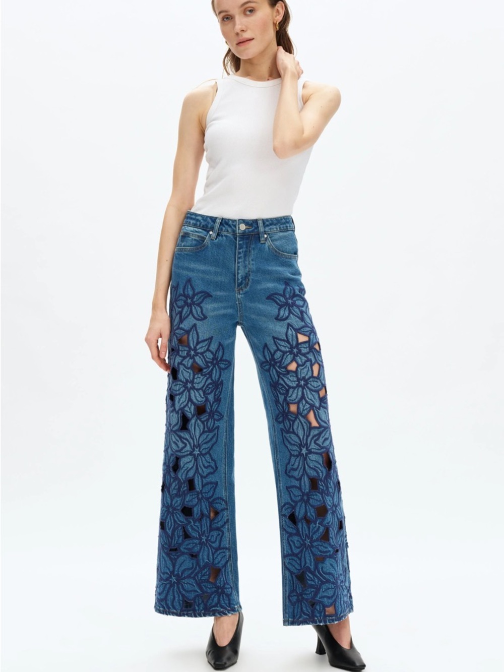 Floral Cut-Out High Rise Wide Leg Jeans